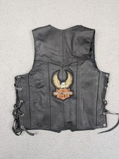 Vintage Genuine Leather Vest Youth XL Black Biker Harley Davidson Patch Lace Up