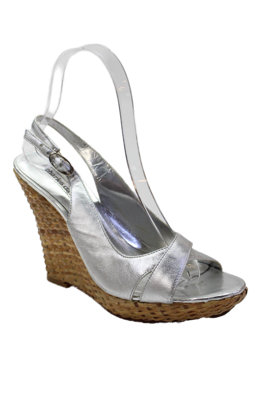 Charles David Womens Metallic Leather Slingback Wedge Sandals Silver Size 6Free Shipping in US $100+ Orders | $6.95 Orders Below