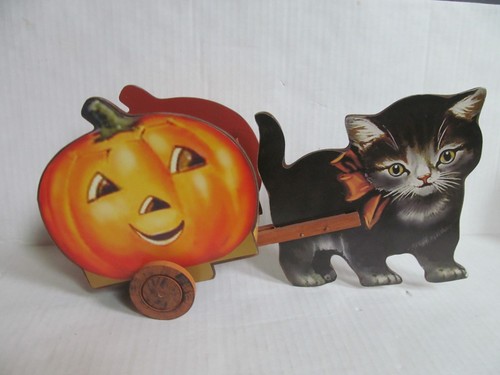 Happy Halloween Black kitty cat pulling pumpkin face cart Not old - Picture 4 of 9