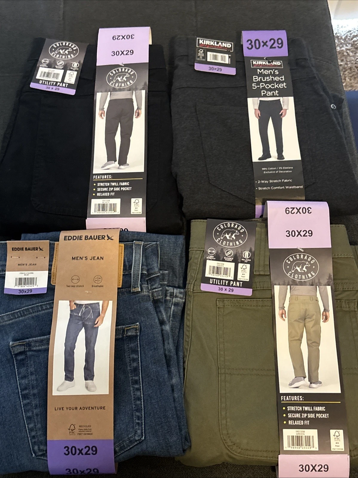 Men’s Lot of 4 Pairs Of Pants 30x29 NWT Eddie Bauer Colorado Clothing Kirkland