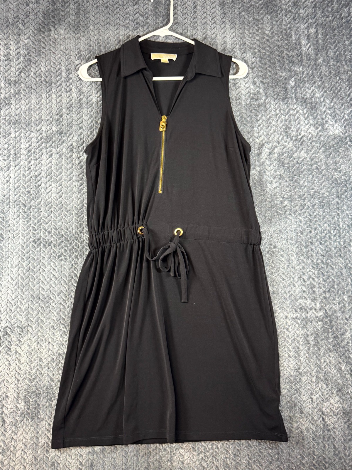Michael Kors Mini Dress Women L Black Sleeveless Gold Zip Front Drawstring Waist