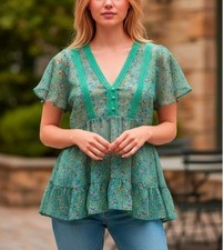 Y2K Floral Fairy Babydoll Top M Green Sheer Lace Trim Tiered Ruffles Coquette