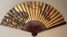 Vintage Large Asian Wall Art Fan Gold  Red Cherry Blossoms Hand-Painted 60"x35"