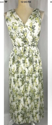Alex Marie Dress Blouson Midi 6 Pleated Sleeveless Modest White Green New