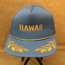 Vintage 80s Hawaii Foam Mesh SnapBack Trucker Hat Embroidered Blue Gold Leaves