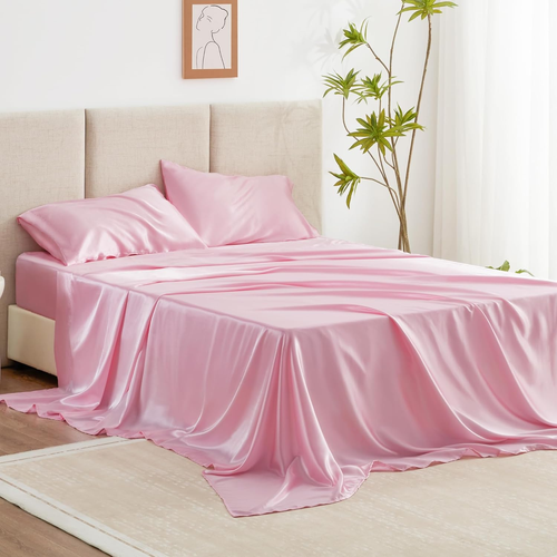 Satin Queen Sheets Set - 4 Piece Pink Silky Bed Sheets Set with Deep Pocket, Lux - Picture 11 of 12