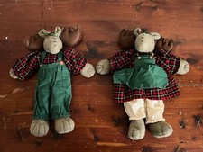 Stuffed Moose Couple, Christmas Themed, Mixed Materials