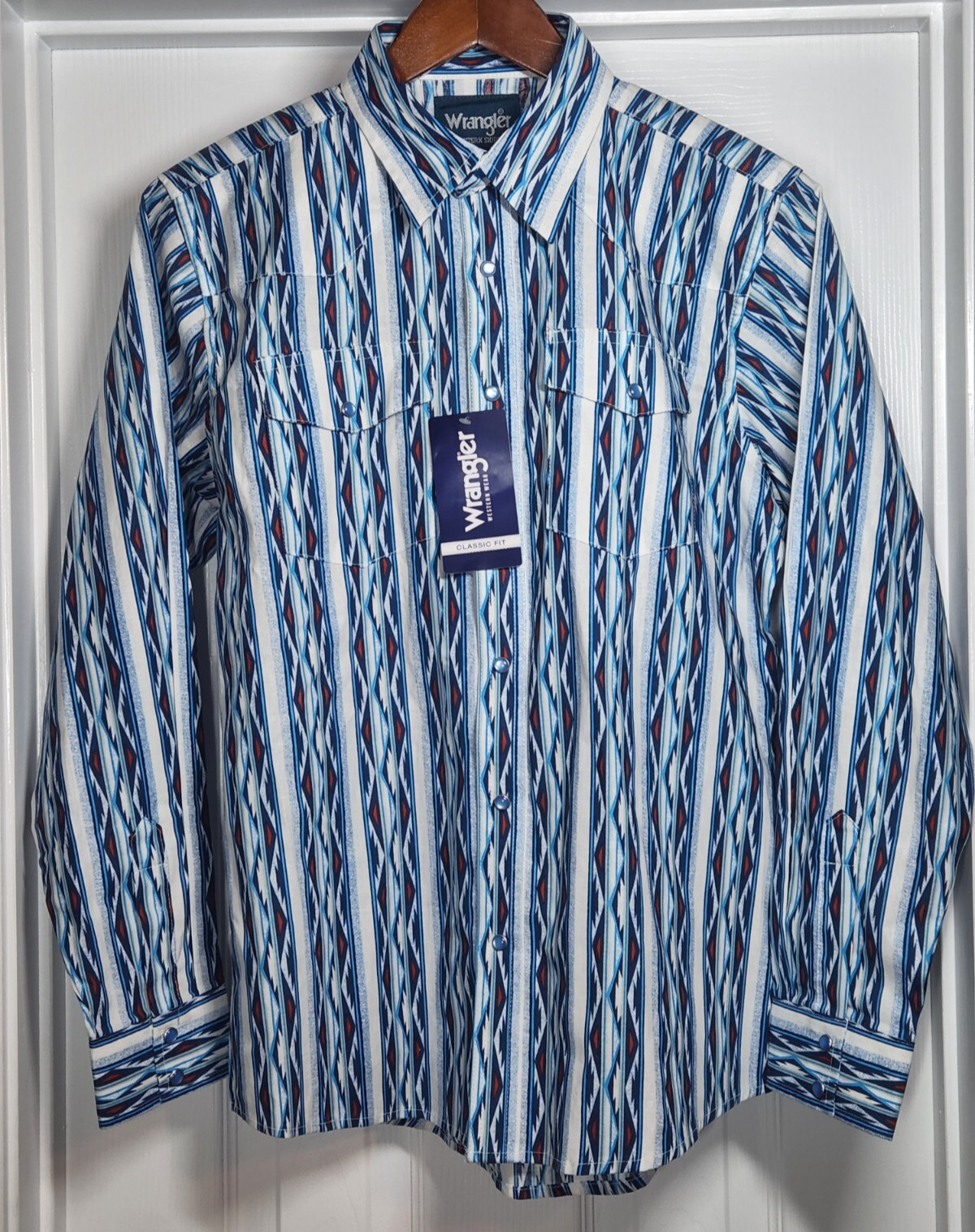 NWT Wrangler Boys XL Shirt Checotah Long Sleeve Pearl Snap Blue Aztec Geometric