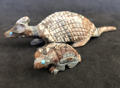Zuni Fetish Armadillo & Baby DANE MALANI Picasso Marble & Turquoise Eyes F4048