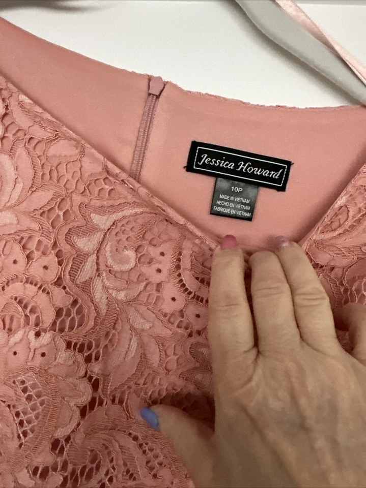 Jessica Howard Lace Short Puff Sleeve Sheath Dress Light Pink Size 10P - Image 4 of 4