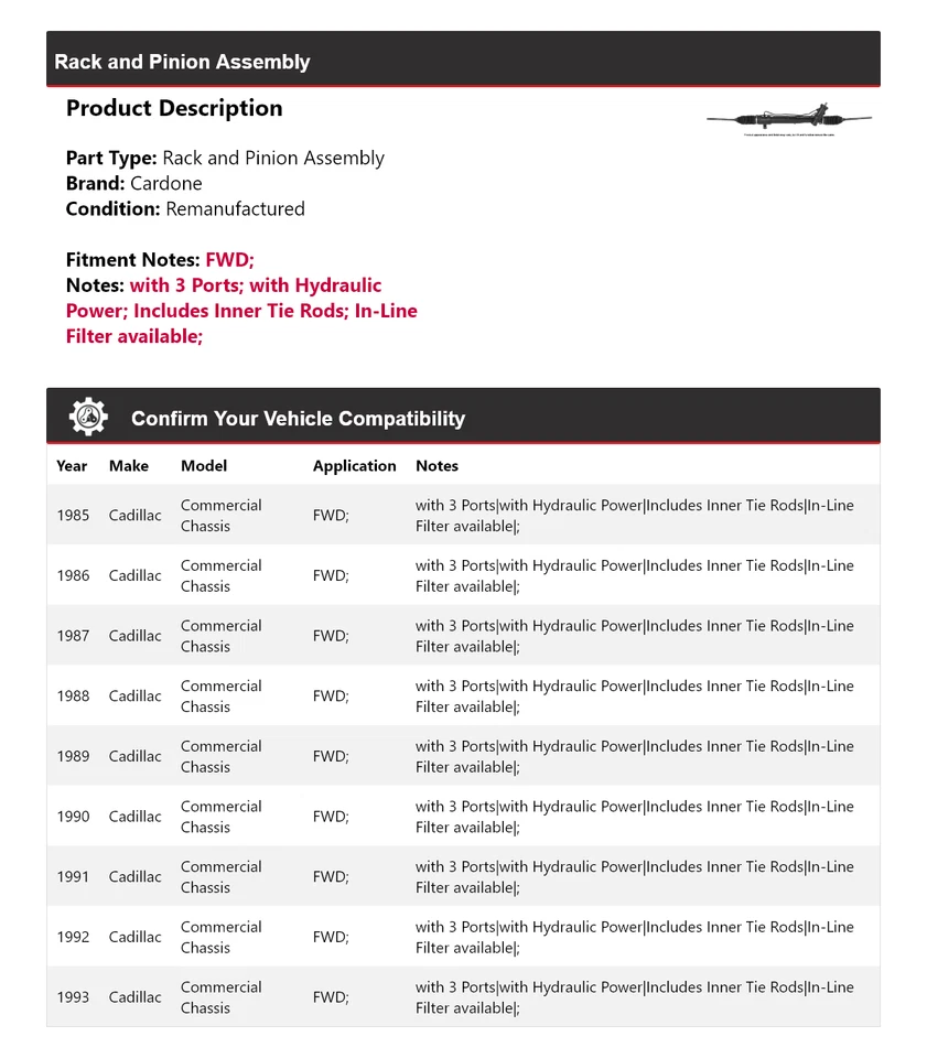 Chasis comercial para Cadillac 1985-1993 tracción delantera montaje de piñón y cremallera Cardone Foto 2 de 4