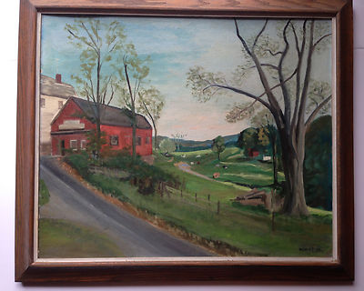 1955 Artist HC HIPP  Original Oil Painting  Country Village Houses Cows Meadow