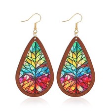 Bohemian Wood Teardrop Earrings for Women Acrylic Colorful Teardrop Dangle Ea...