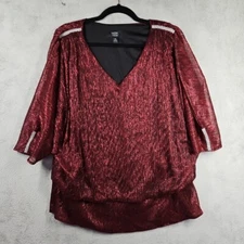 MSK Split Slv Metallic Top Black Red Sparkle Rhinestone Shoulders & Slvs Sz 2X