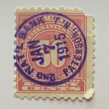 1914 US 50c DOCUMENTARY STAMP W 1915 2ND NATIONAL BANK PATTERSON NJ SON CANCEL