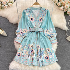 Spring Autumn Women Retro V-Neck Lantern Long Sleeve A-Line Dress with Belt