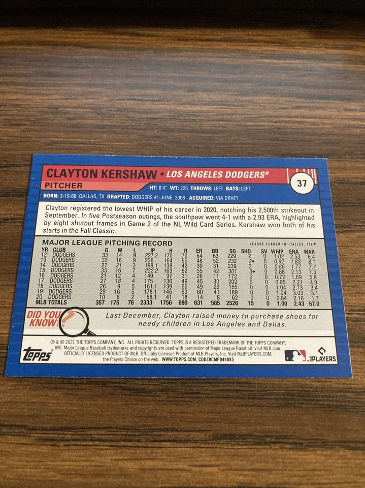 2021 Topps Big League Clayton Kershaw Los Angeles Dodgers Pitcher #37 - Image 2 of 2