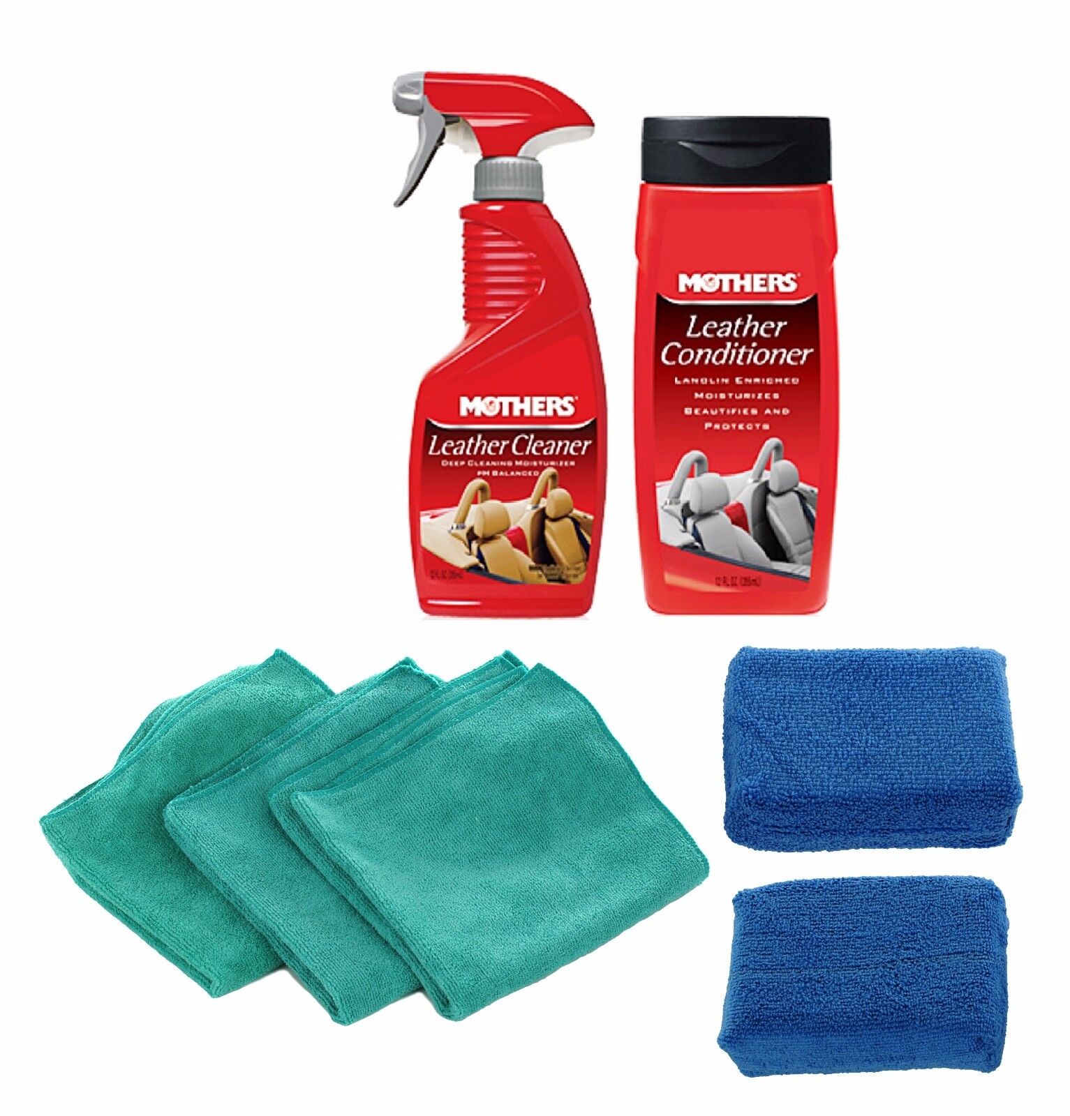 Mothers Leather Care Kit Leather Cleaner, Conditioner & Microfiber Towels Sponge