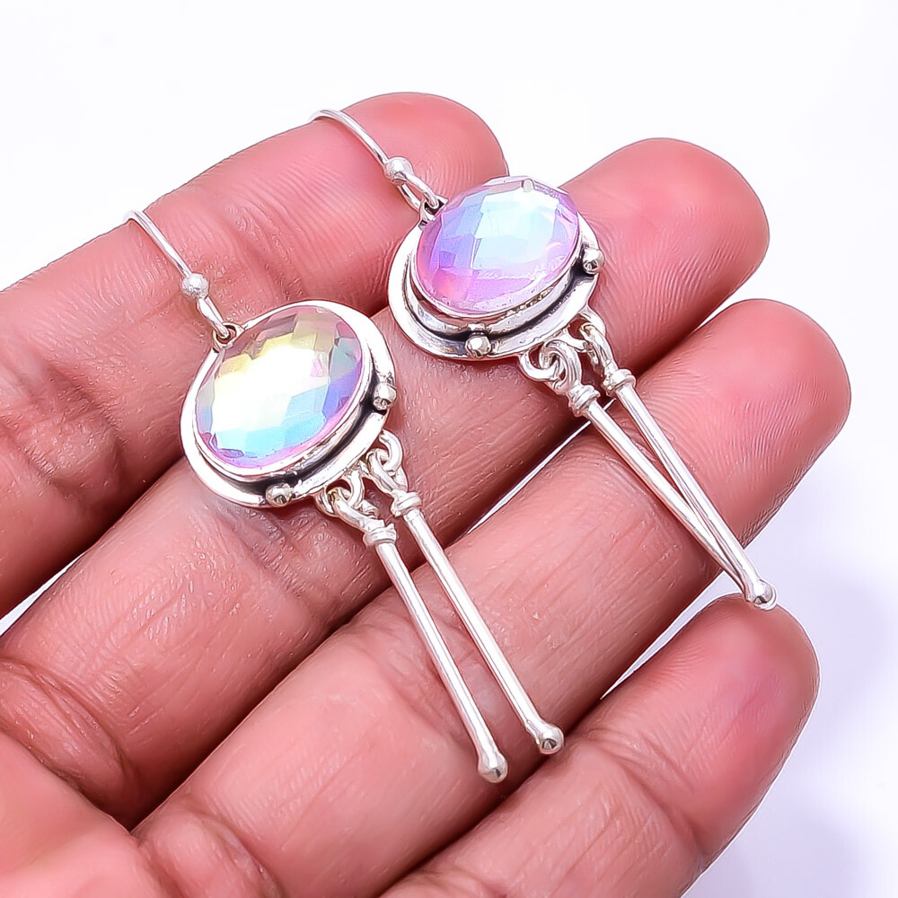 Aura Rainbow Mystic Fire Topaz Designer 925 Sterling Silver Earring 2.22