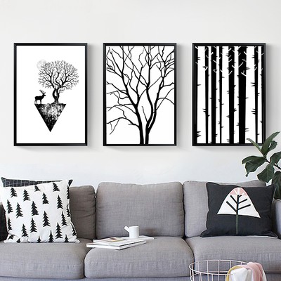 Nordic Style Black White Deer Trees Canvas Poster Abstract Art