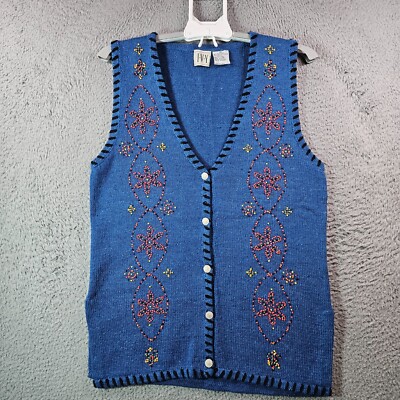 VTG IVY Sweater Vest Women Medum Silk Blend Bead Button Up  Blue