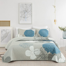 Anibedding Blue Floral King Quilt Set 3 PC Bedspread with Pillow Shams