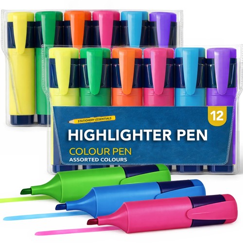 12 Assorted Highlighter Pens Set Fluorescent Bright Colour Markers School Office