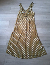 ASOS Khaki & White Spotted Midi Dress Woven Stretch Frilled Holiday Party UK12