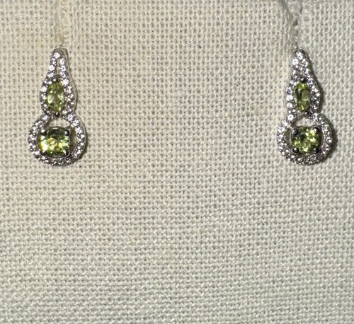 Sterling Silver 925 Peridot & White Topaz Drop Earrings Teardrop Halo - Picture 4 of 7