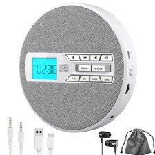 CD Player Portable Rechargeable Dual Speakers AntiSkip USB AUX LCD White