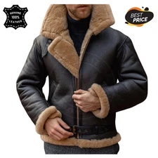 Men’s B4 Shearling Leather Bomber Jacket Real Sheepskin Aviator Brown Coat