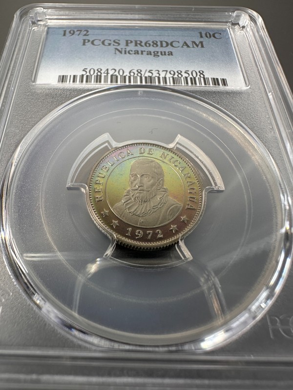 1972 Nicaragua 10 Centavos Proof Coin PCGS PR68 DCAM KM# 17 Toned!