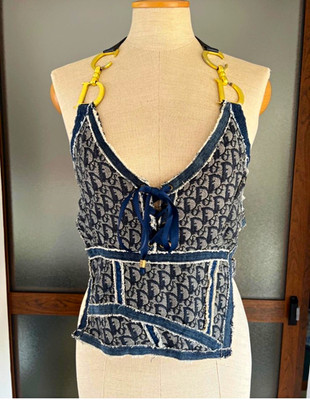 Dior Damen Bauchfrei Träger-Top Blau Logo-Muster V-Ausschnitt Schnürung S/M