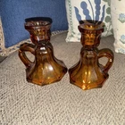 Vtg Pair Anchor Hocking Desert Gold Glass Chamber Candlestick  Holders 4.5" Tall