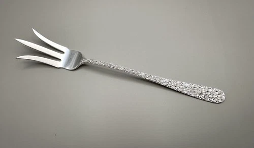 S Kirk & Son Sterling Silver 3-Tine Repousse Serving Fork, Floral Design 8 7/8”