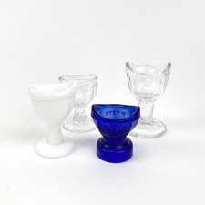 Lot of 4 Antique Optical Eye Wash Pedestal Cups - Milk Glass, Clear, Cobalt Blue