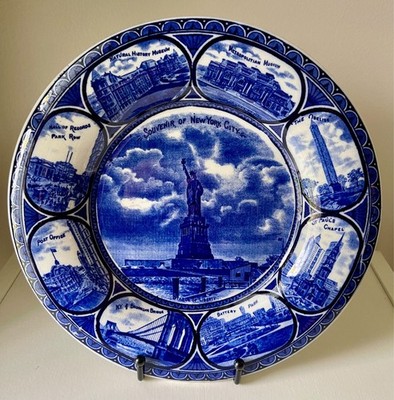Antique Rowland & Marsellus Blue Transferware NYC Souvenir Plate Statue Liberty 
