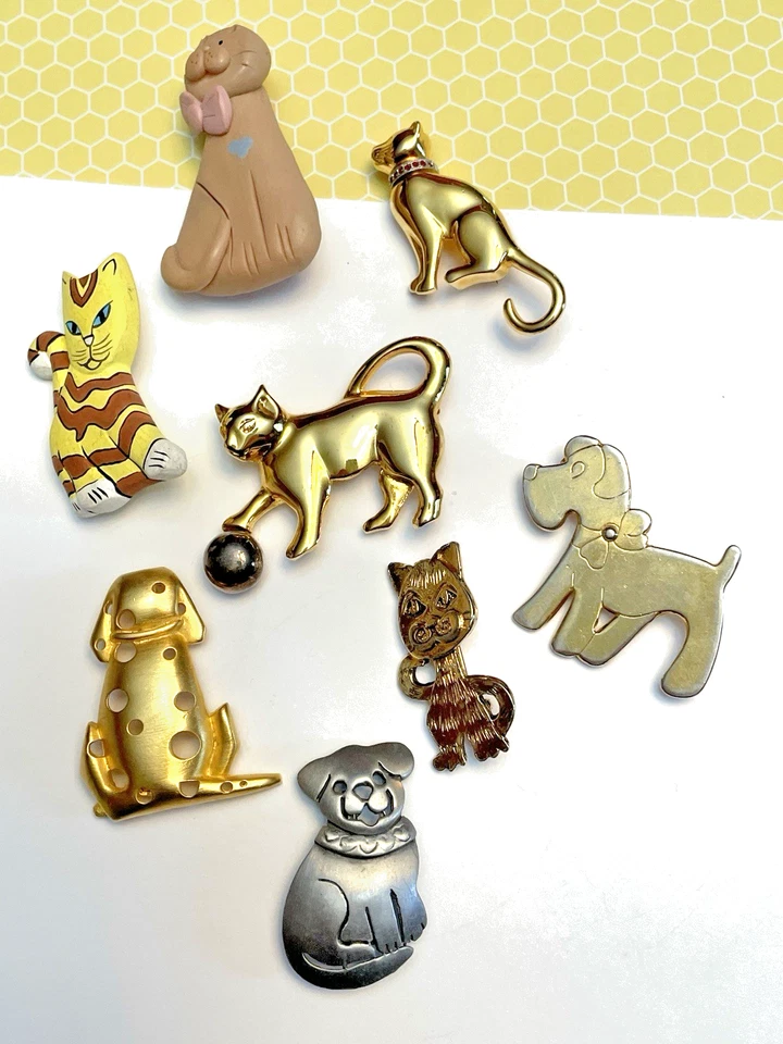 Cats & Dogs Figural Pins Brooches Jewelry Lot - 8 Total (JJ & Ultracraft Signed) - Image 2 of 4