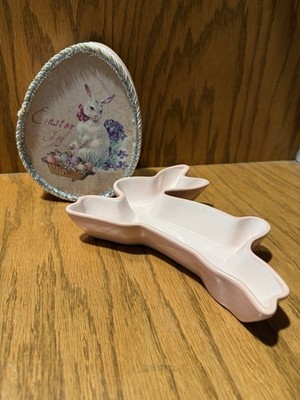 VTG 1980 s Pink Ceramic Dish H 1.5  Shaped Like Rabbit & Easter Egg Box H 3 