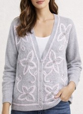 VTG Silk Angora Blend Cardigan Pink Floral Embroidery Beaded Womens S Cottage