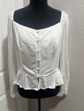 Romantic Cottagecore Women Off White Linen Bl...