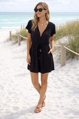 Dotti Black Mini Dress XL Drawstring Waist V Neck Cowl Back Casual Beach Boho | eBay Dotti Black Mini Dress XL Drawstring Waist V Neck Cowl Back Casual Beach Boho | eBay