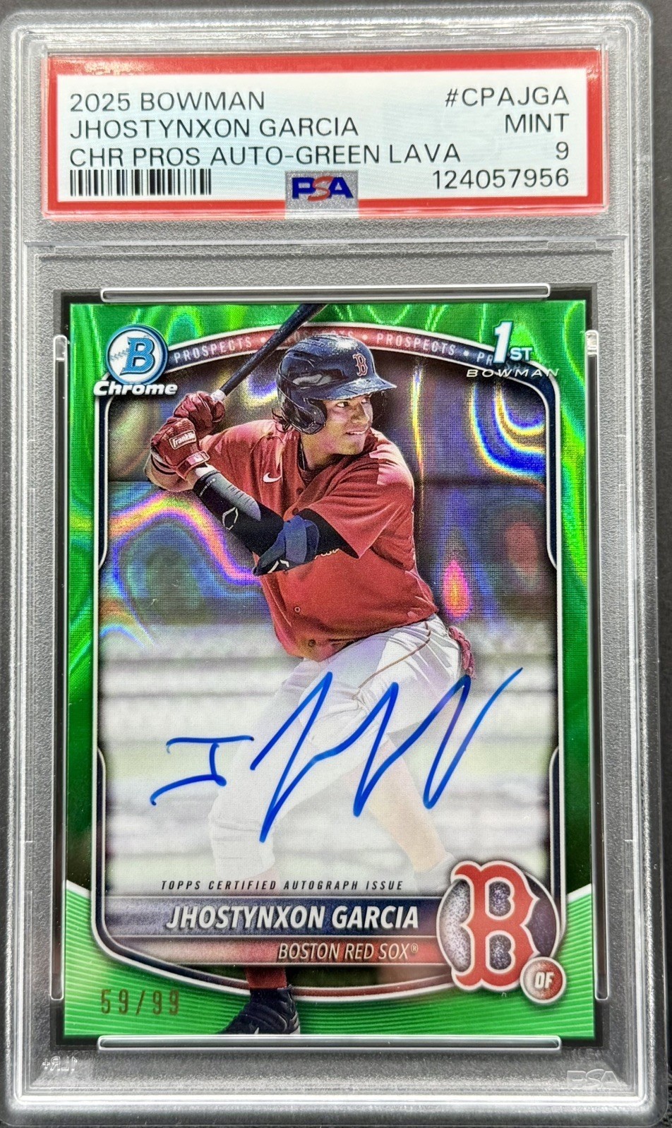 2025 Bowman Jhostynxon Garcia Chrome Auto Green Lava Ref 1ST /99 PSA 9