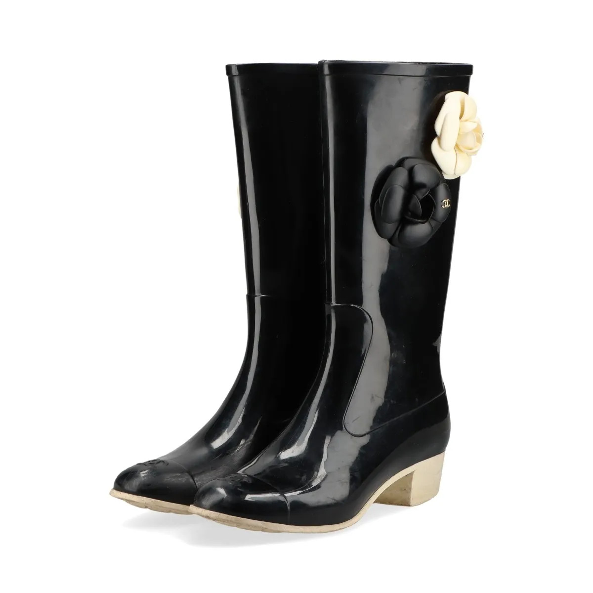 Chanel Coco Mark Camelia 10P Rubber Rain boots 38 Ladies' Black x ivory G26648 W thumbnail 5
