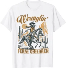 Wrangling Feral Children Funny Meme Racoon Cowboy Retro T-Shirt