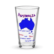 "Australia" Shaker pint glass Funny Joke Parody Texas Britain Alcohol Crazy