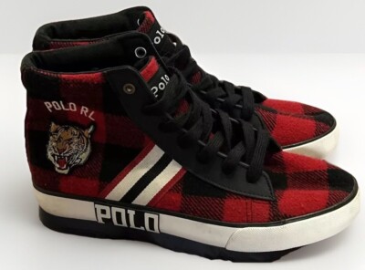 Boys Polo Ralph Lauren Mid Top Tiger Black/Red Plaid Shoes Youth Size 5 Euro 37
