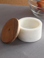 Marble Salt & Pepper Cellar, with Wooden Lid, Handmade in India Vintage Piece 