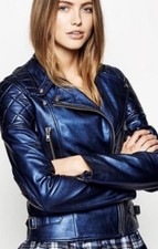 Jack Wills Shimmering Pearlised Blue Soft Leather Quilted Biker Jacket. 8 Vgc