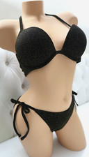 VICTORIA'S SECRET PINK SWIM Super Push-Up Top/String Bikini Black Shine SET M/M